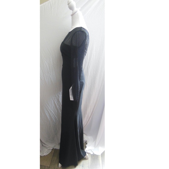 NEW DRESS THE POPULATION Black VAL Rhinestone ILLUSION MESH L/S Mermaid GOWN XS - Picture 8 of 13